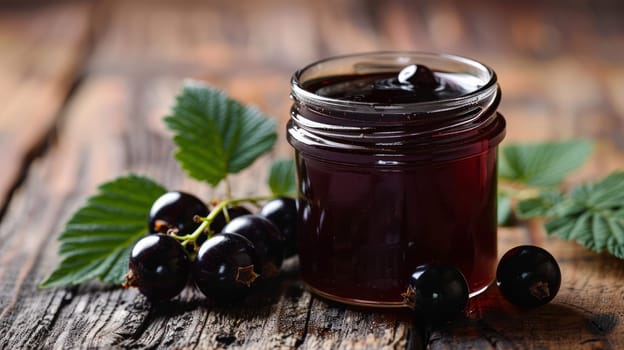 A jar of blackcurrant jam, next to which lie a few berries and blackcurrant leaves, highlighting its rich fruity flavor and dark color.