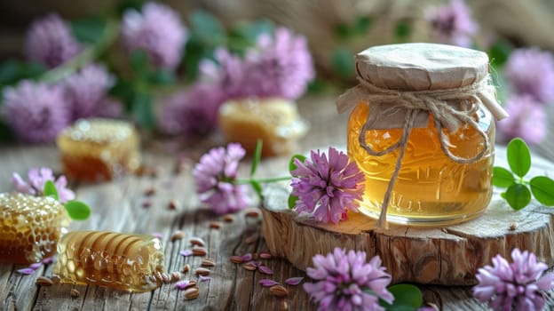 Jar of light clover honey with clover flowers. Rustic style