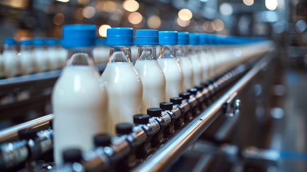 Milk bottles with blue caps on the conveyor of the plant.