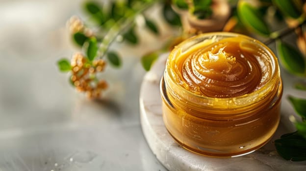 Cosmetic honey body scrub with enzyme exfoliating particles. Body and face skin care Concept.spa content