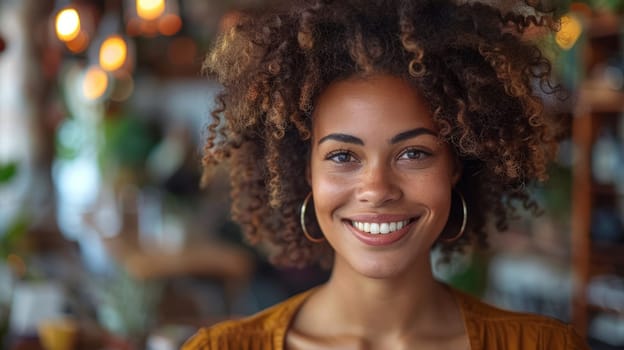 Portrait of a young smiling woman. Smiling student on the blurred background of a cafe