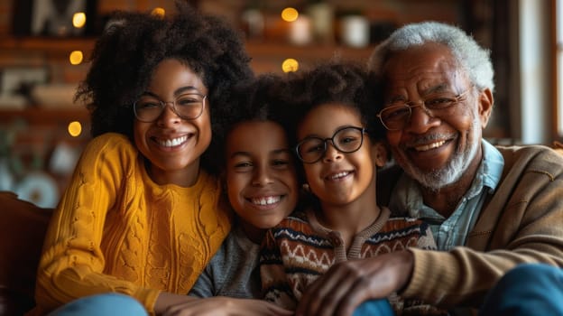 Portrait of a multi-generational African-American family sitting at home on a sofa in the living room and smiling at the camera. The family spends time at home together