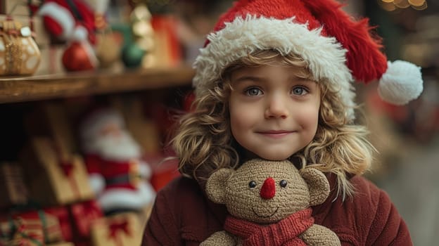 Happy girl in Santa Claus hat holding soft toy in her hands on the background of shelves with toys in the store