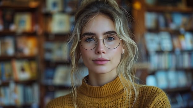 Attractive woman in glasses and yellow sweater standing in bookstore on blurred background of bookshelves