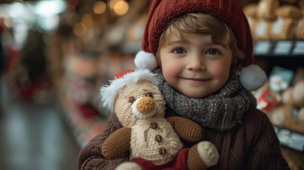 Happy kid in Santa hat holding stuffed toy in toy store