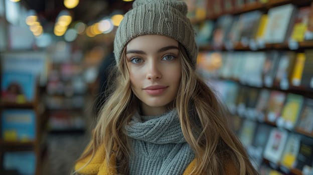 Attractive woman in scarf and hat standing in bookstore on blurred background of bookshelves