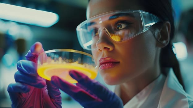 Close up of a scientist looking at a petri dish with honey samples, against the background of the laboratory