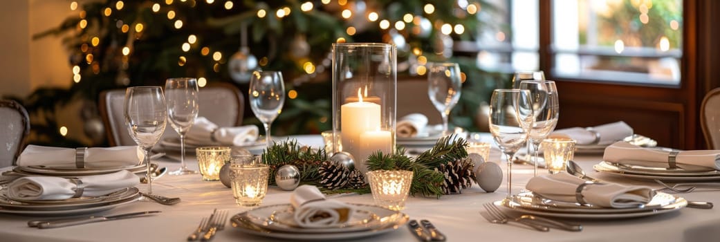 A beautifully laid table for Christmas with decorations, candles and lanterns against the background of a Christmas tree. Festive atmosphere