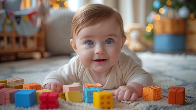 Child playing with bright blocks on light floor in spacious bright children's room with Christmas tree behind