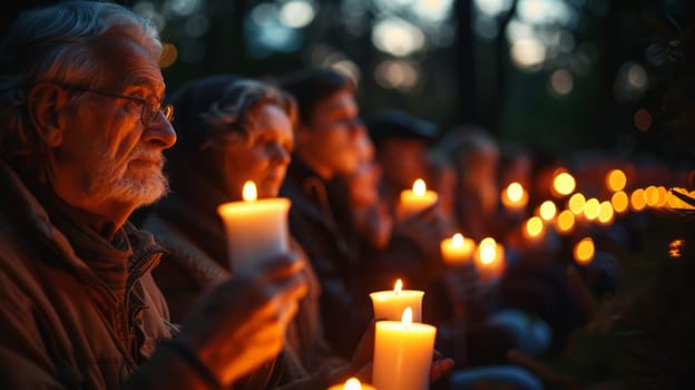 People of all ages hold lit candles in a serene nightly vigil, in a calm atmosphere.