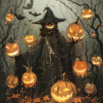 scarecrow in pointed hat standing on the background of Halloween landscape, pumpkins with glowing eyes and smiles, fog, dark background, flying bats