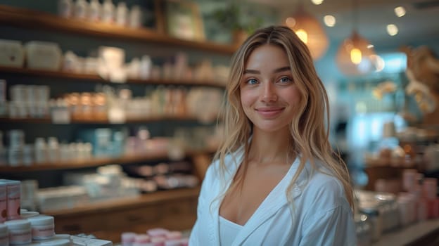 Beautiful cheerful female pharmacist in a pharmacy on a blurred background of shelves with cosmetics.