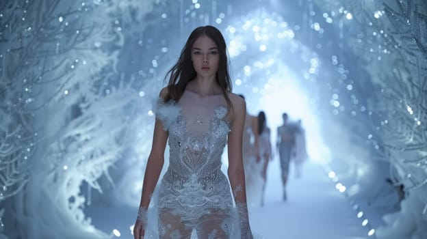 A glamorous fashion show scene with models walking on the catwalk, snow-white scenery in the style of a snow cave, and soft lighting, sophistication and elegance