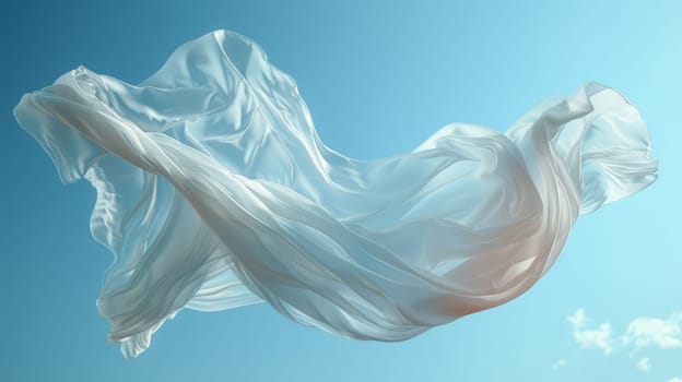 A light white fabric flutters in the wind against a blue sky.