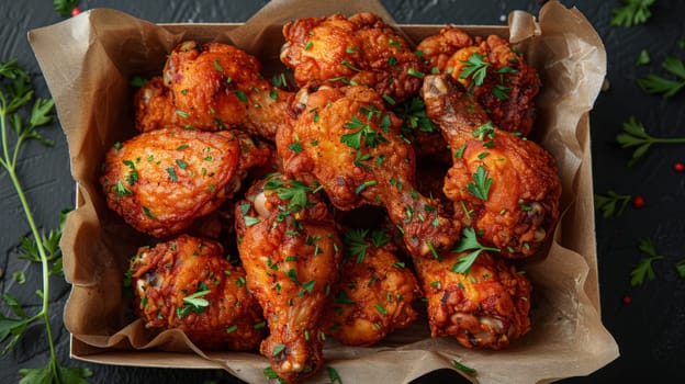 Cardboard box filled with crispy pieces of golden-brown fried chicken.