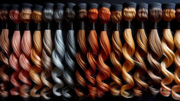 assortment of hair for the extension procedure. types of materials, color and quality for the presentation of the service in beauty salons or for stores