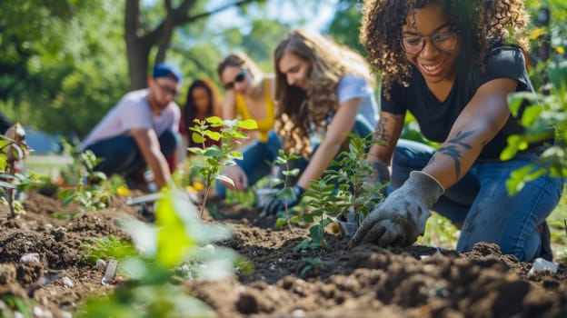 Volunteers plant trees in a community garden that symbolizes growth and peace, with happy faces and working together.