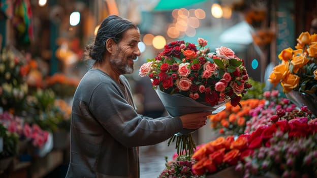 A seller at the flower market collects a large bouquet of roses. The atmosphere is saturated with colors and floral aromas.