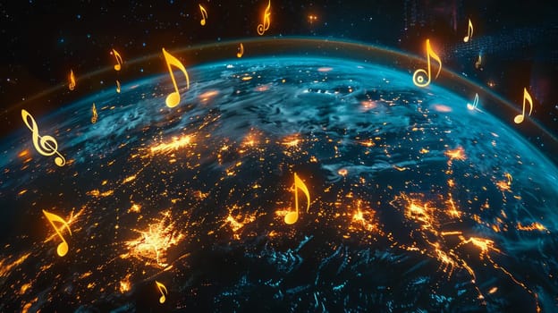 fiery notes around the earth. On a dark background, the globe with notes hovering above the planet, concept for a musical performance and festival