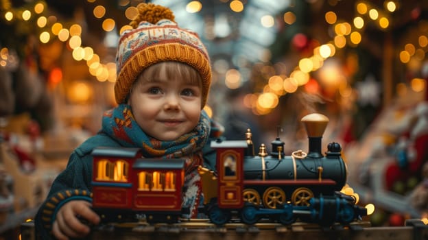 Happy child standing near toy train in spacious shop decorated for Christmas