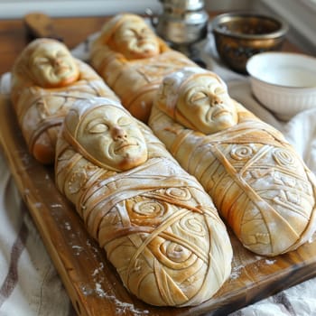 Mummy sausage roll on a wooden board for Halloween