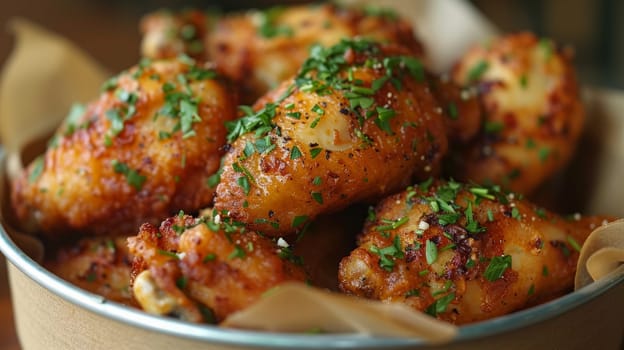 The chicken is generously sprinkled with herbs. Cardboard container lined with brown paper.