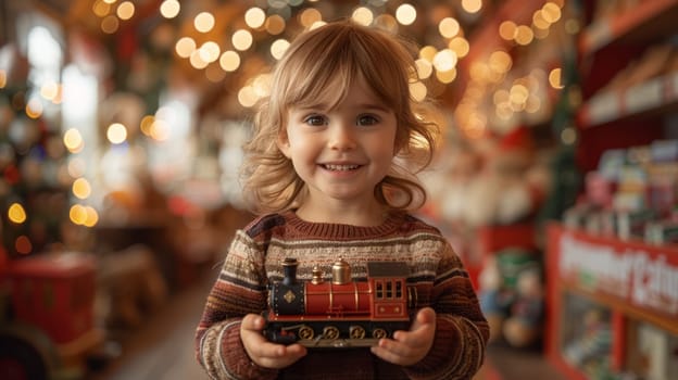 Happy babe in ornamental sweater holding toy train in spacious shop decorated for Christmas