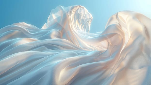 A light white airy fabric flutters in the wind against a blue background sky.background.