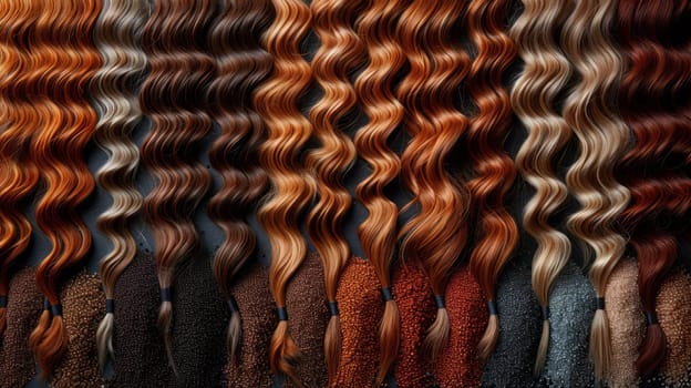 assortment of hair for the extension procedure. types of materials, color and quality for the presentation of the service. Hair and silicone capsules in different colors for attaching strands