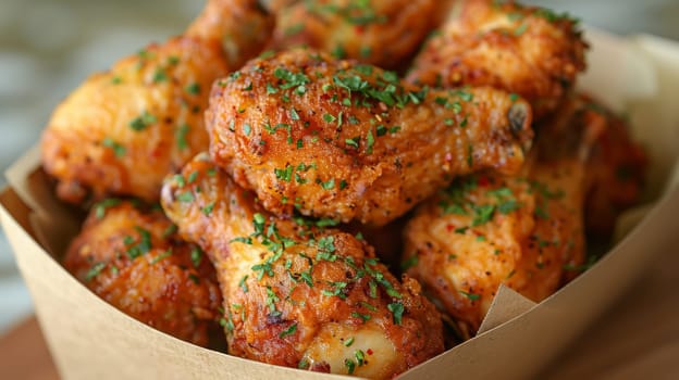 A cardboard box filled with crispy pieces of golden-brown fried chicken. The chicken is sprinkled with herbs. Cardboard Container