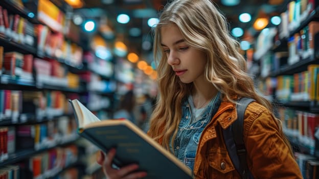 A young woman in the library looks at a book among the bookshelves.
