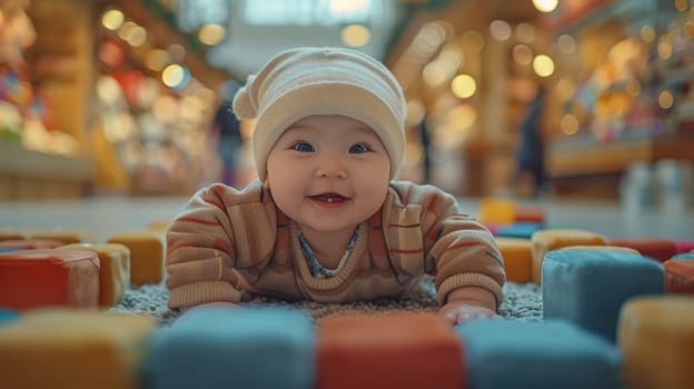 Child playing with large soft bright cubes on light floor in spacious light Christmas shop