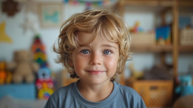 Playful smiling curly baby with blonde hair on blurred toy room background