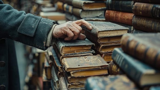 The shelves of a second-hand bookstore or a bookstore are littered with untitled books. The old man's hand reaches for a book