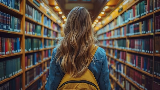 Student with backpack walking in library among bookshelves back view