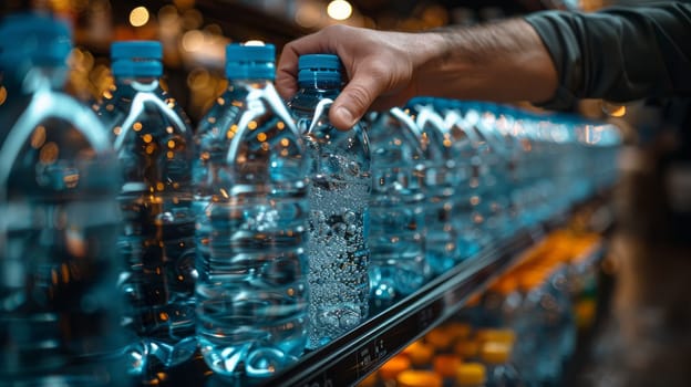 Hand taking drinking water from a drinking water shelf in a store