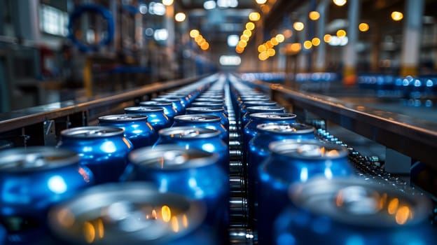 Modern, Well-Lit, High Speed Beverage Can Processing Machine, Complete Technology, White, Blue Colors
