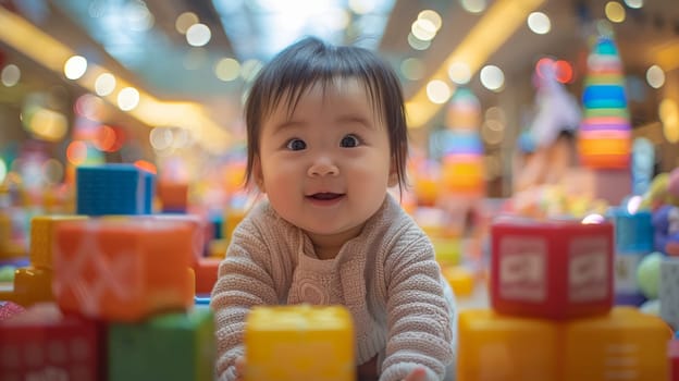 Ethnic child playing with large soft bright colorful cubes on floor in play space in spacious light christmas shop