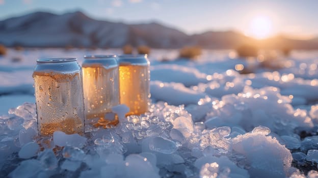Transparent cans with an aluminum top and a drink inside stand in the ice against the backdrop of snow-capped mountains