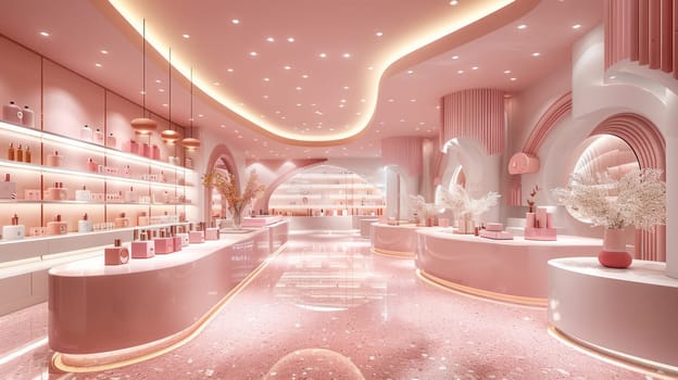 Elite cosmetics in light pastel colors are presented in a cosmetic store of the same color scheme