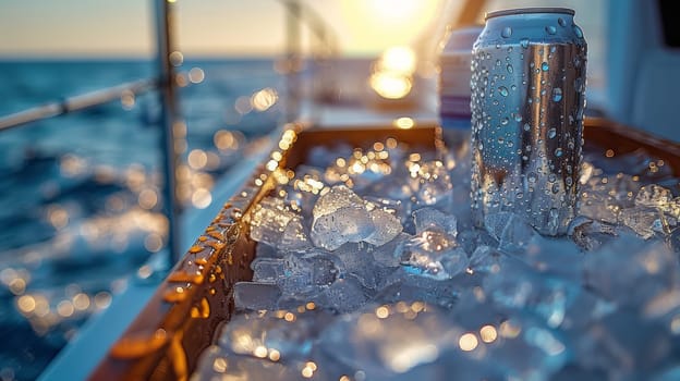 white aluminum cans in a container filled with ice, with drinks inside, without labels, on the deck of a yacht with the sea in the background