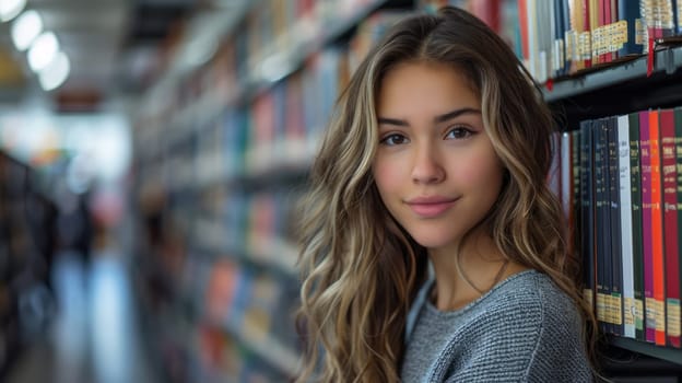 A student in the library among the bookshelves looks at the camera.