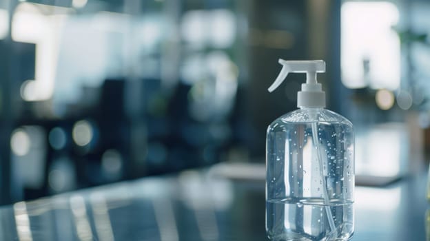 Clear Plastic Spray Bottle for Hand Disinfection in Medical Room on Blurred Background. Safety and disinfection concept