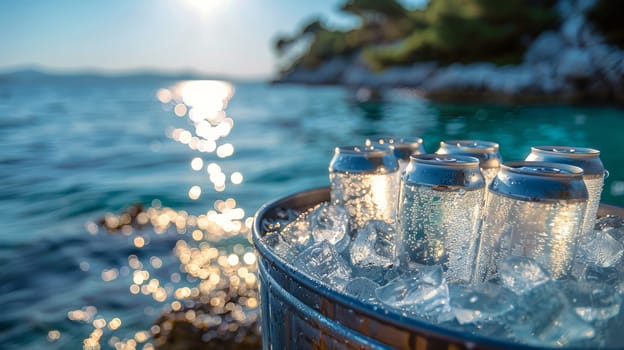 Metal barrel filled with ice, with white cans of drink inside, without labels, against the background of the sea