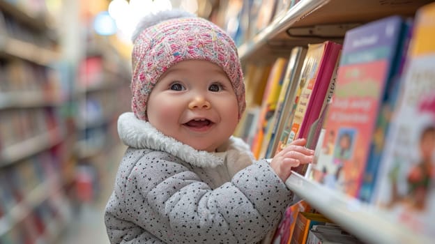 Happy and cheerful toddler picking up colorful book from shelf in bookstore
