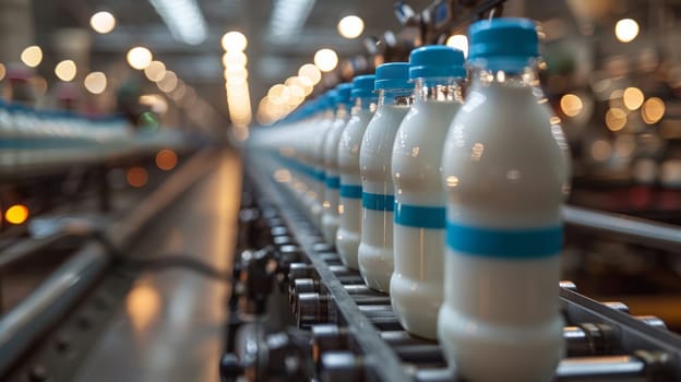 Milk Filling Machine With Bottles On Conveyor, Industrial Equipment Of Dairy Plant.Milk Bottles With Blue Caps On Conveyor Of Factory.