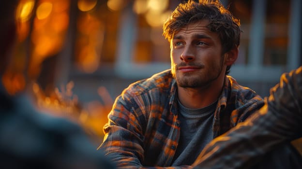 Man relaxing in nature with friends on the background of blurry image of house at sunset