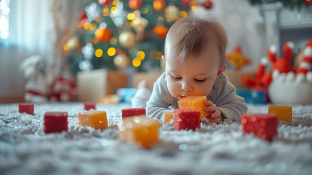 Child playing with bright blocks on light floor in spacious spacious bright room with Christmas tree
