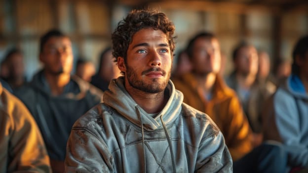 Men in support groups listen attentively to someone .