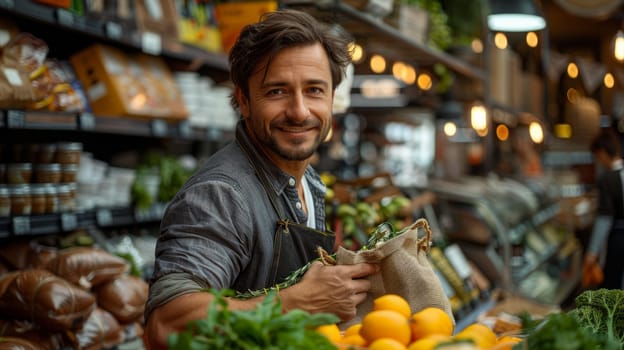 Cashier in a grocery store puts goods in a canvas bag, the concept of eco friendly shopping.